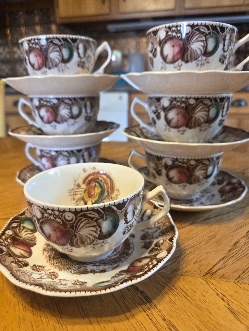 Vintage Johnson Bros "His Majesty" Turkey Cup And Saucer Sets (7)